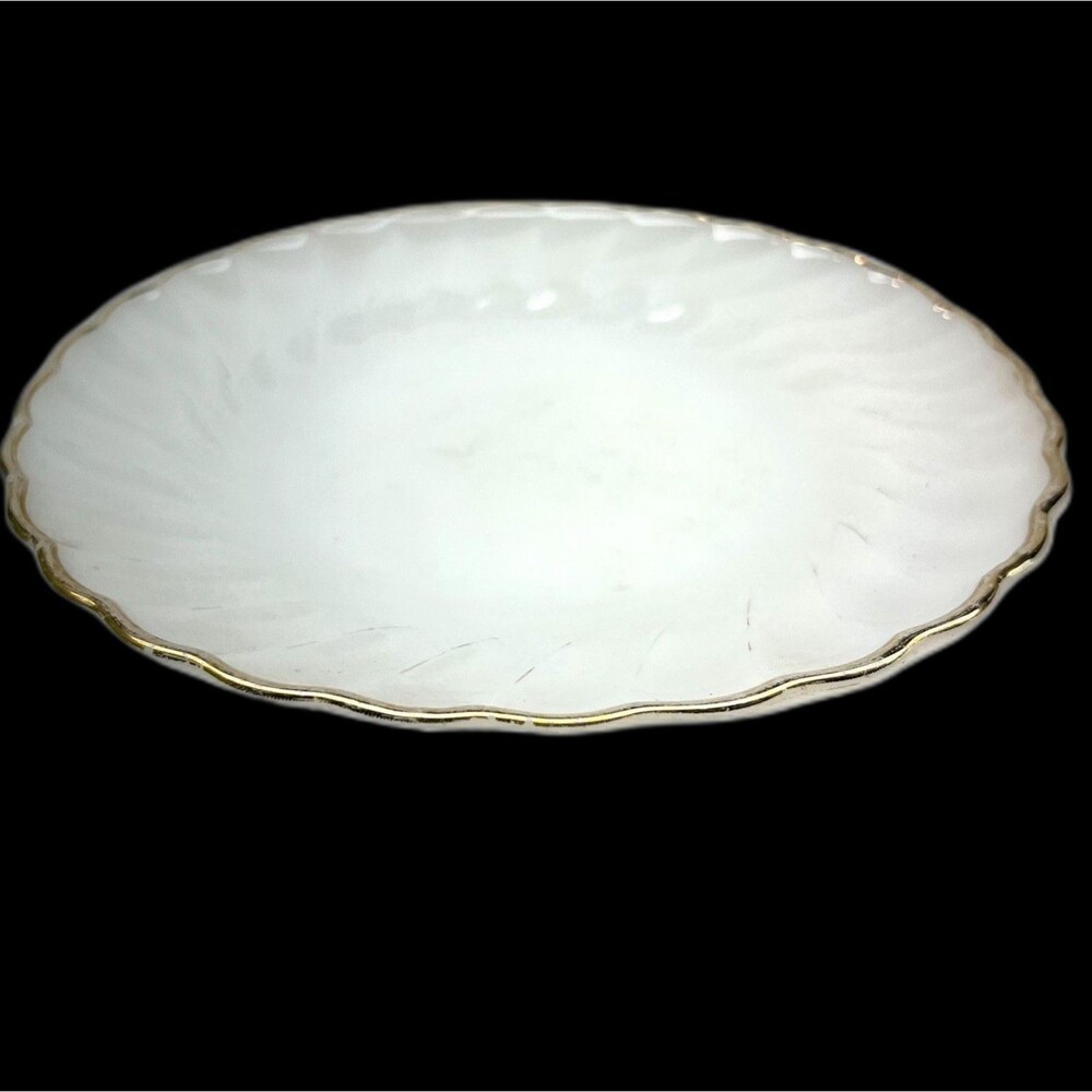 Vintage Fire-King White Swirl Milk Glass Salad Plate Gold Trim -7 3/4 in